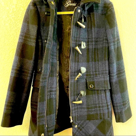 Guess Wool blend plaid navy & black coat Medium - Picture 5 of 10